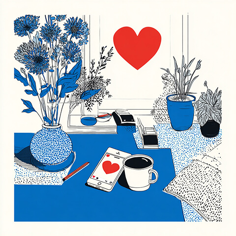 Workspace with flowers, coffee, and a smartphone displaying a heart icon, representing lifestyle branding and audience connection through social media.