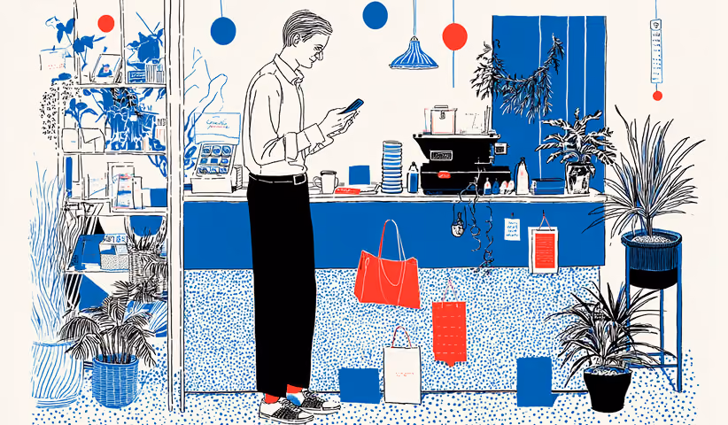 Customer standing inside a modern boutique café while browsing a smartphone, representing digital shopping experiences and social media influenced purchasing.