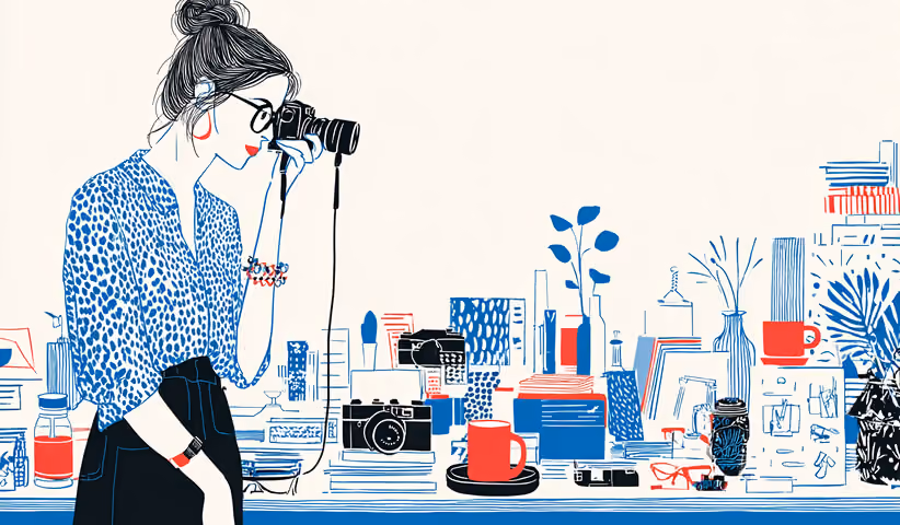 Photographer capturing images in a creative studio workspace filled with cameras, books, and design tools, representing content production for brand marketing.