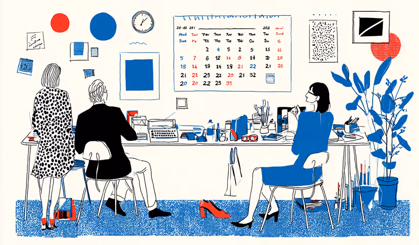 Office workspace with professionals planning schedules and projects around a large calendar board, representing campaign organization and marketing coordination.