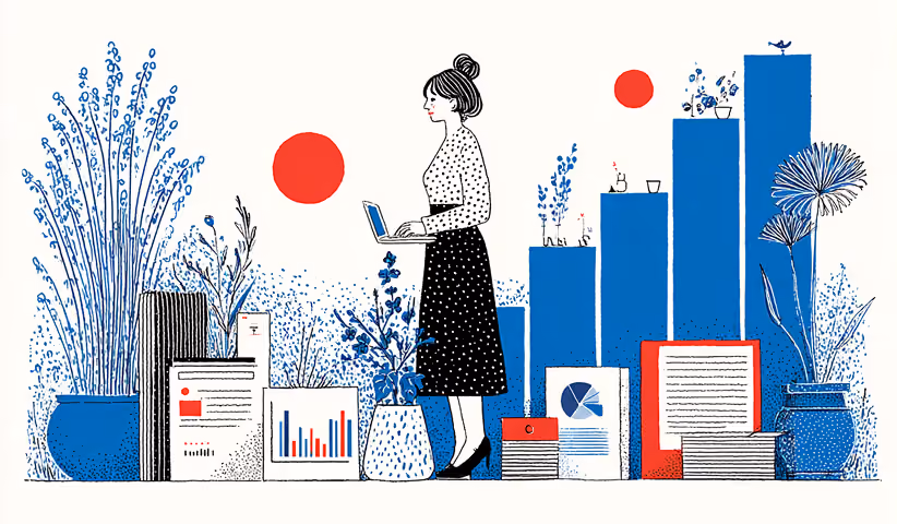 Woman using a laptop while surrounded by charts, reports, and decorative plants, representing analytics, productivity, and small business growth strategies.