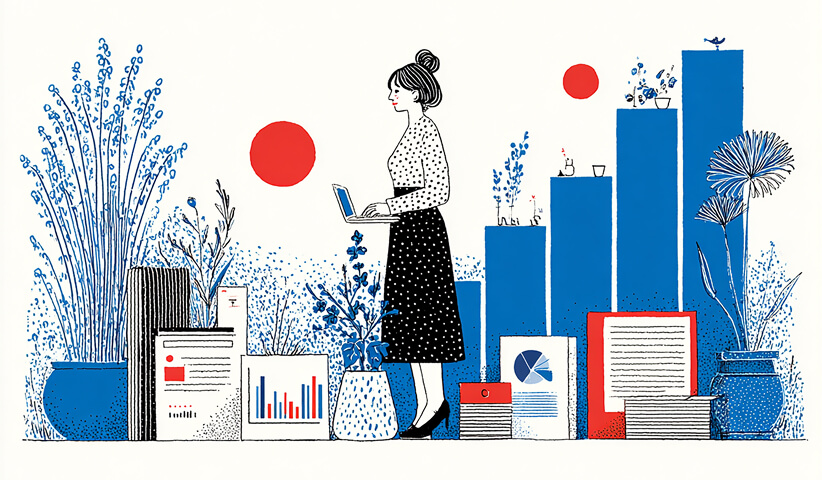 Woman using a laptop while surrounded by charts, reports, and decorative plants, representing analytics, productivity, and small business growth strategies.