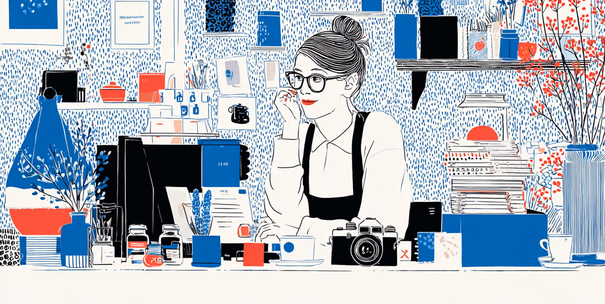 Creative entrepreneur seated at a desk surrounded by cameras, books, and design materials, representing content strategy, branding, and digital storytelling.