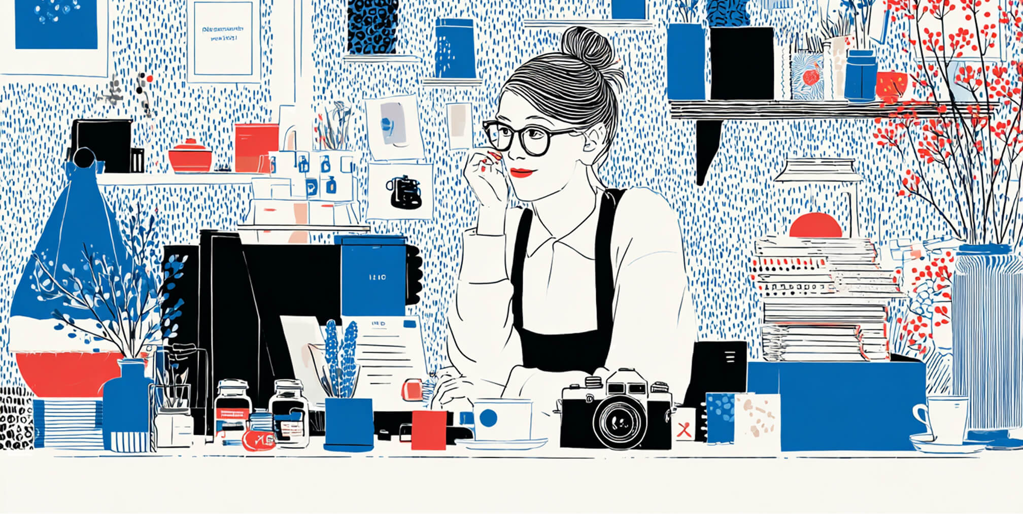 Creative entrepreneur seated at a desk surrounded by cameras, books, and design materials, representing content strategy, branding, and digital storytelling.