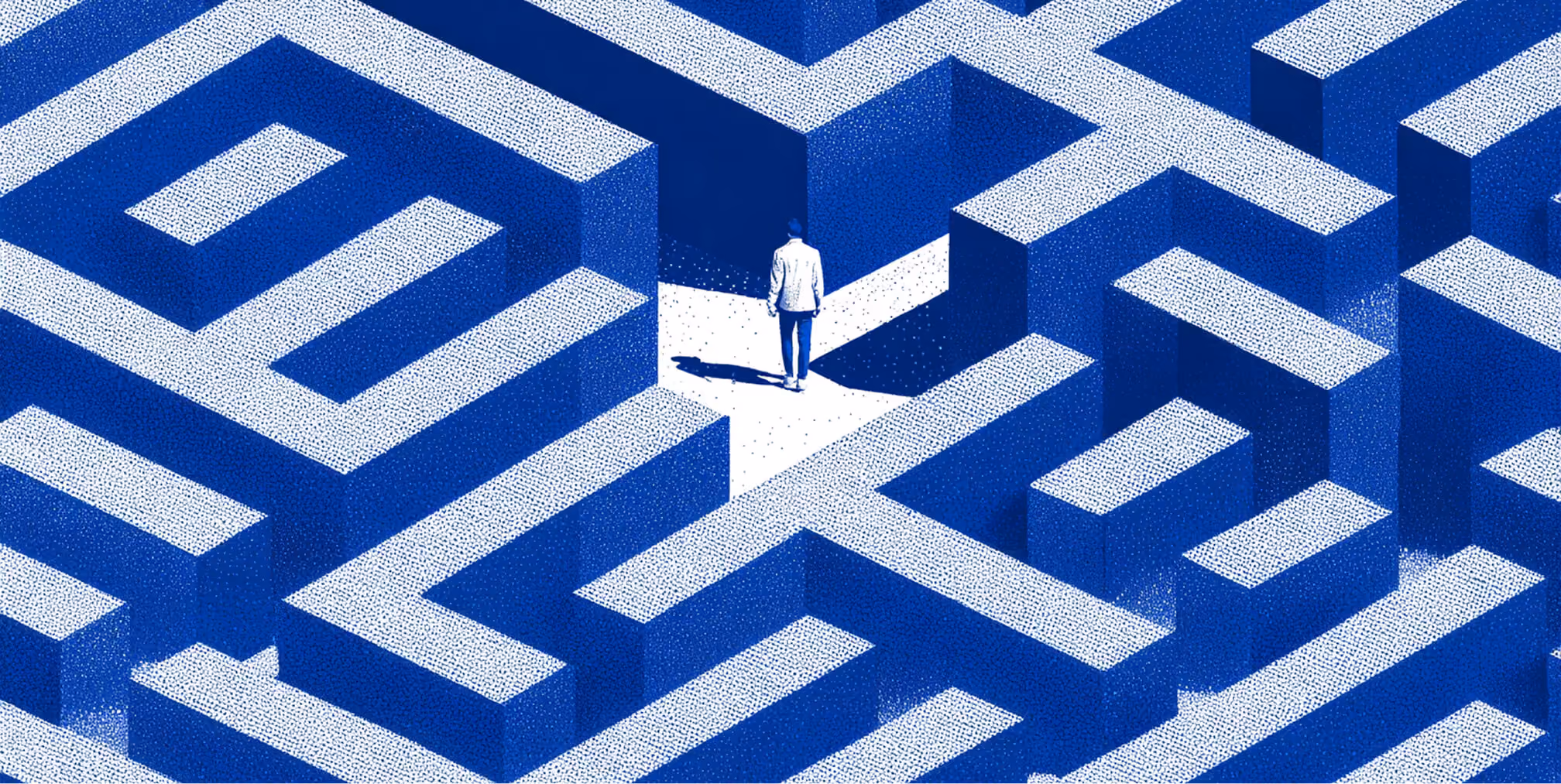 Individual navigating through a large geometric maze viewed from above, representing strategic problem-solving, digital complexity, and navigating social media marketing challenges.