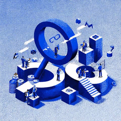 Large magnifying glass surrounded by professionals analyzing charts, icons, and data points, representing market research, analytics, and audience targeting.