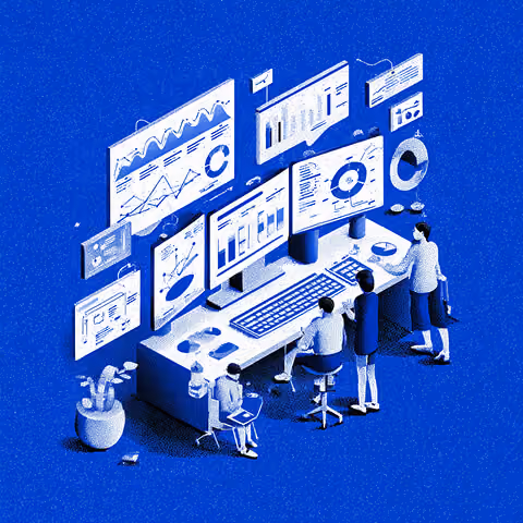 Marketing team reviewing multiple dashboard screens filled with charts and performance graphs, representing campaign monitoring and data-driven strategy.