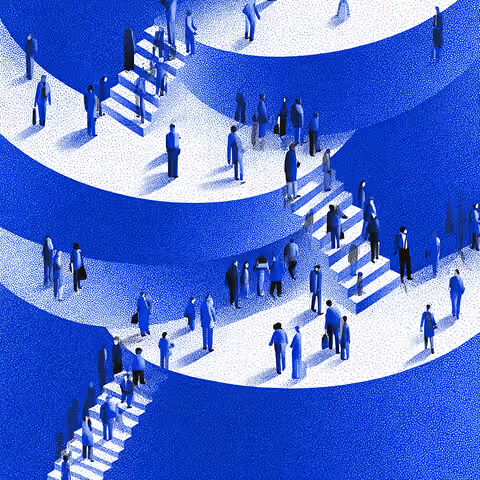 Groups of people moving between interconnected staircases and platforms, representing audience journeys, networking, and layered digital marketing pathways.