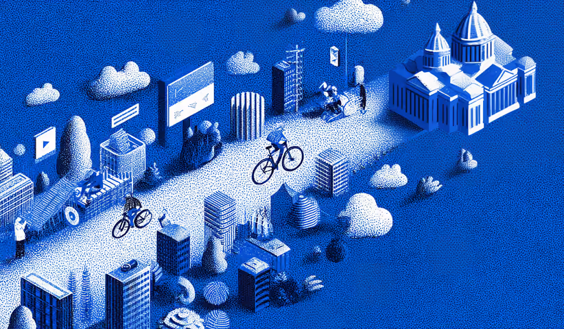 Isometric city scene with cyclists, buildings, and digital billboards, representing connected communities, urban audiences, and omnichannel advertising.