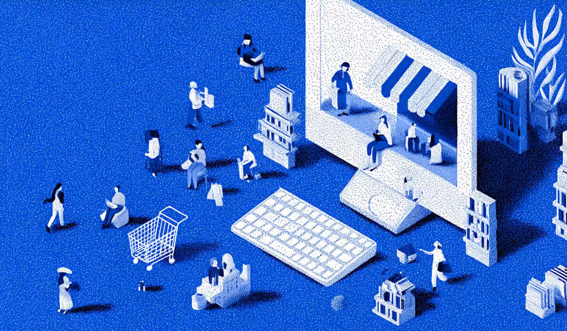Online storefront displayed on a large computer screen surrounded by shoppers and retail elements, representing e-commerce marketing and digital customer experiences.