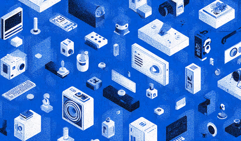 Collection of digital devices, media tools, and interface elements floating in an abstract layout, representing content ecosystems and multimedia marketing assets.