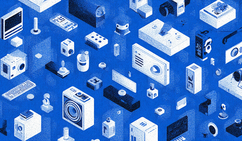 Collection of digital devices, media tools, and interface elements floating in an abstract layout, representing content ecosystems and multimedia marketing assets.