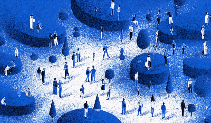 People interacting throughout a stylized public environment with trees and circular platforms, representing audience engagement, social interaction, and community growth.