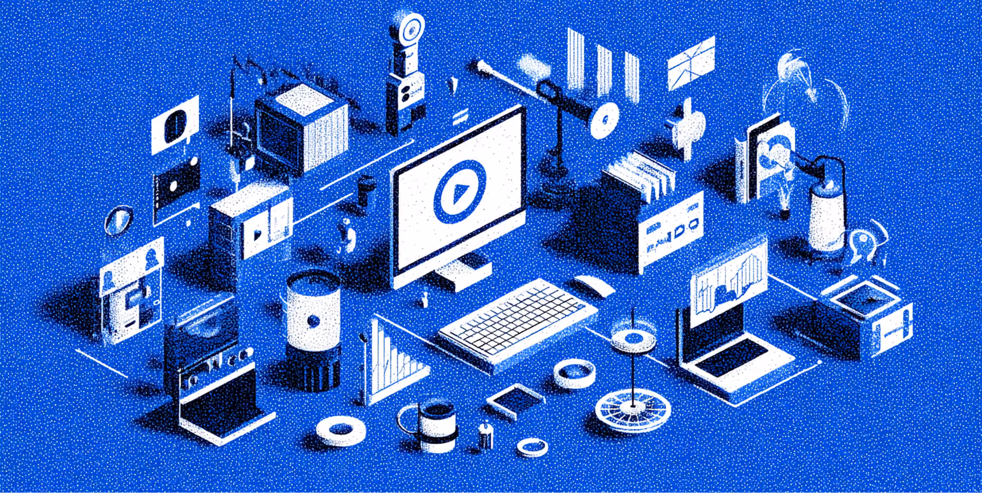 Abstract digital workspace with connected devices, charts, and media interfaces centered around a large monitor, representing integrated social media campaign management.