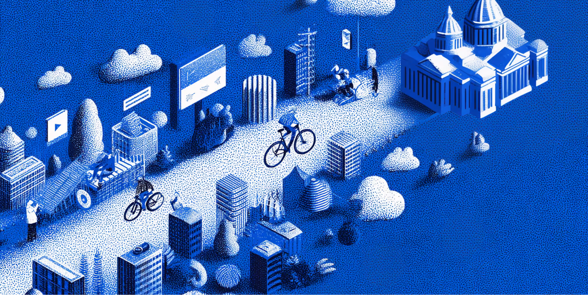 Expanded isometric city illustration featuring cyclists, buildings, digital signage, and communication platforms, representing modern digital ecosystems and connected marketing networks.