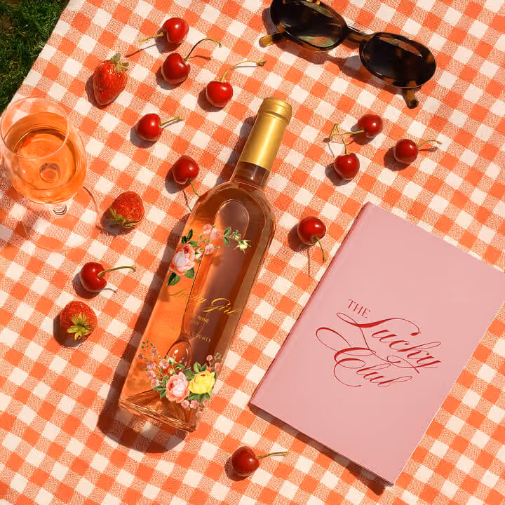 Rosé wine bottle with cherries, strawberries, sunglasses, and picnic-themed branding layout.