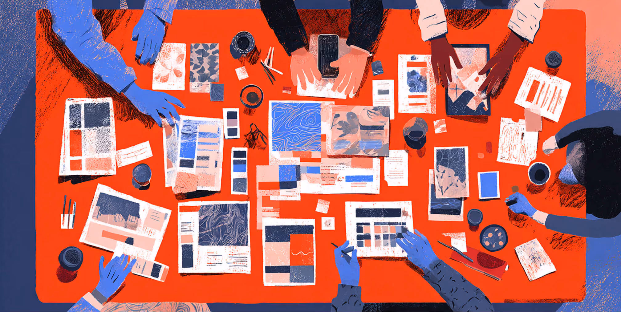 Creative team collaborating around a large table covered with website layouts, color palettes, wireframes, and design assets, representing Webflow planning, UI design, and collaborative content structuring.