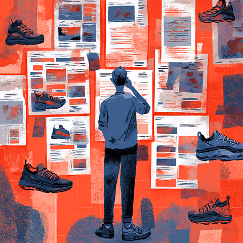 Person reviewing multiple shoe product layouts and category pages pinned across a wall, representing e-commerce categorization, product organization, and visual merchandising strategy.