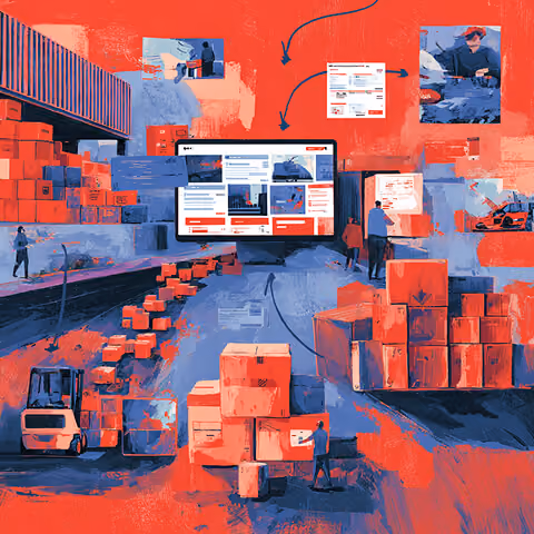 Warehouse and logistics environment connected to digital storefront interfaces and shipping workflows, representing inventory management, fulfillment systems, and scalable Webflow commerce structures.
