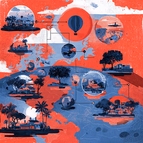 Abstract world map connected through floating travel and location scenes, representing global content categories, interconnected experiences, and dynamic website navigation systems.