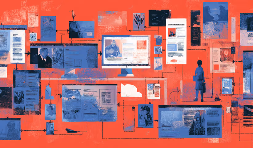 Large network of digital articles, interface cards, and connected content modules surrounding a central monitor, representing CMS organization, category linking, and content architecture in Webflow.