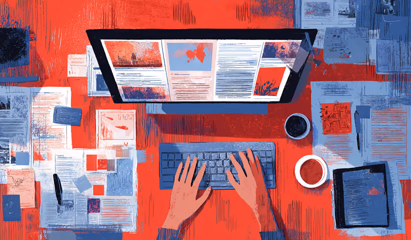 Top-down view of a digital publishing workspace with documents, articles, and editorial layouts spread across a desk, representing content management, blogging, and structured publishing workflows.