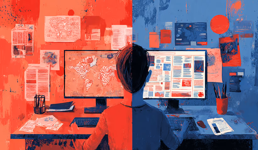 Person working between dual monitors displaying maps, dashboards, and categorized content layouts, representing data organization, multi-category management, and digital research systems.
