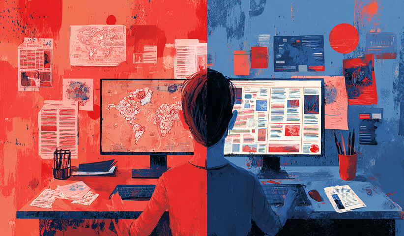 Person working between dual monitors displaying maps, dashboards, and categorized content layouts, representing data organization, multi-category management, and digital research systems.