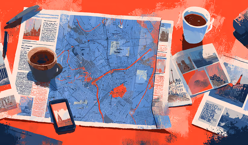 Desk scene featuring a large city map surrounded by newspapers, mobile devices, and coffee cups, representing location-based content organization, editorial planning, and information mapping.