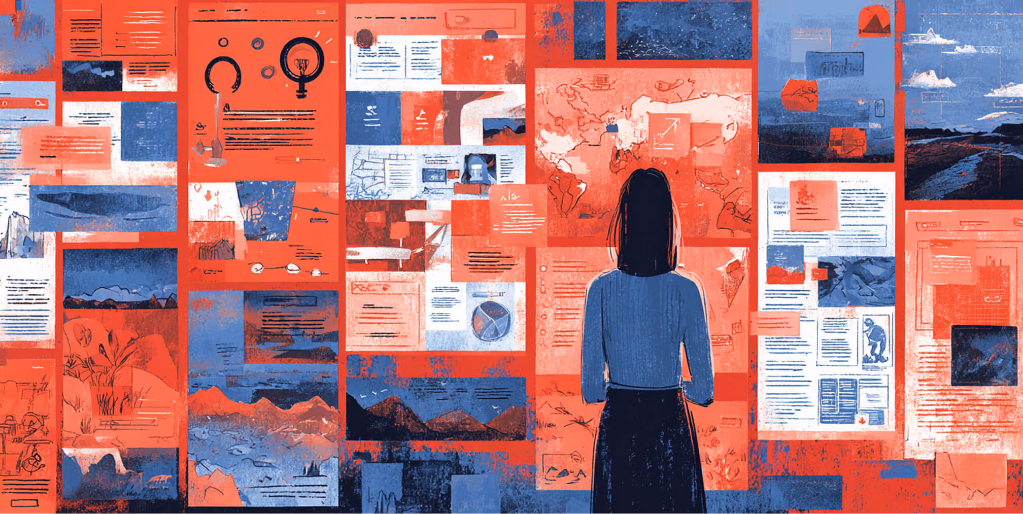 Individual standing before a massive wall of categorized articles, charts, and visual content blocks, representing content taxonomy, structured navigation, and large-scale information management.