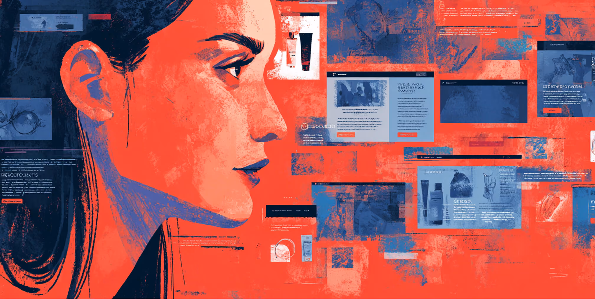 Close-up profile of a person surrounded by layered digital interfaces and website modules, representing user experience analysis, personalized content delivery, and immersive digital browsing experiences.