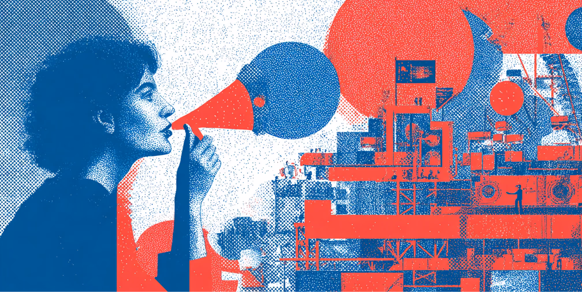 Woman speaking through a megaphone beside an abstract cityscape of digital platforms, representing brand amplification, advertising reach, and large-scale campaign communication strategies.