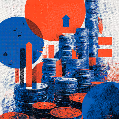 Stacks of coins rising alongside upward arrows and abstract graphics, representing advertising investment, campaign growth, ROI tracking, and scalable business performance.