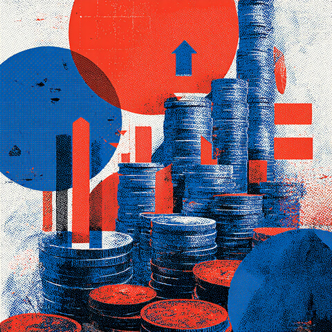 Stacks of coins rising alongside upward arrows and abstract graphics, representing advertising investment, campaign growth, ROI tracking, and scalable business performance.