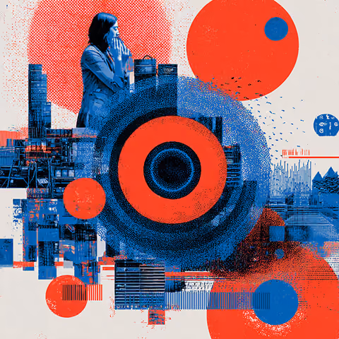Abstract urban composition featuring a person surrounded by circular target graphics and city elements, representing audience targeting, market positioning, and campaign visibility.