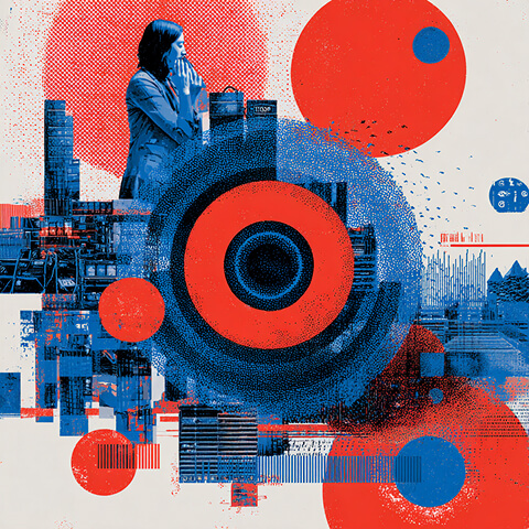 Abstract urban composition featuring a person surrounded by circular target graphics and city elements, representing audience targeting, market positioning, and campaign visibility.