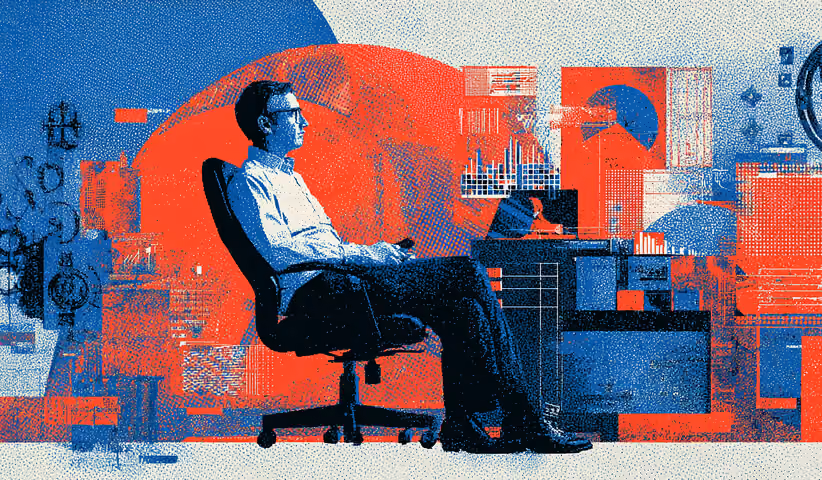 Professional seated at a desk surrounded by charts, interface panels, and analytics visuals, representing campaign management, digital strategy, and advertising performance monitoring.