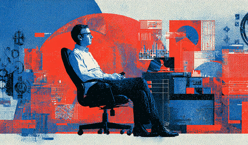 Professional seated at a desk surrounded by charts, interface panels, and analytics visuals, representing campaign management, digital strategy, and advertising performance monitoring.