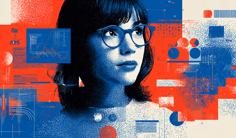 Portrait of a woman surrounded by charts, graphs, and interface overlays, representing marketing intelligence, consumer insights, and strategic advertising analysis.
