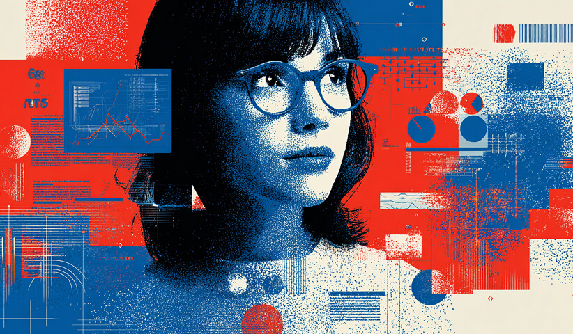 Portrait of a woman surrounded by charts, graphs, and interface overlays, representing marketing intelligence, consumer insights, and strategic advertising analysis.
