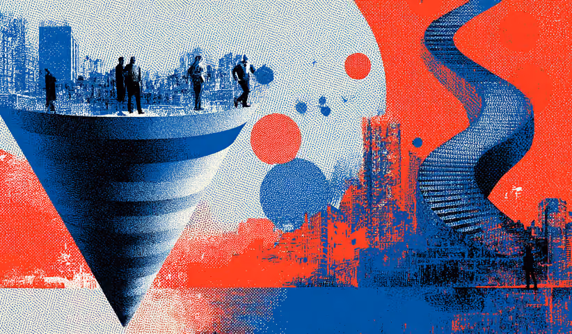 Abstract business scene with elevated platforms and pathways connecting groups of professionals, representing growth opportunities, customer journeys, and strategic brand direction.