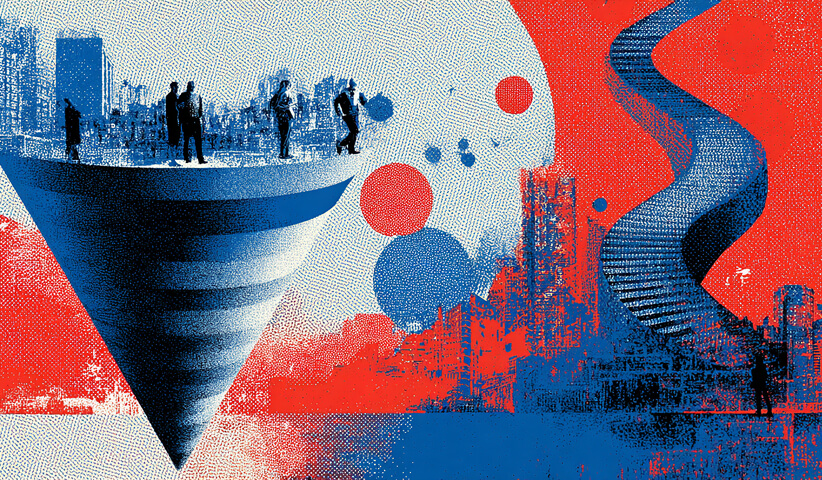 Abstract business scene with elevated platforms and pathways connecting groups of professionals, representing growth opportunities, customer journeys, and strategic brand direction.
