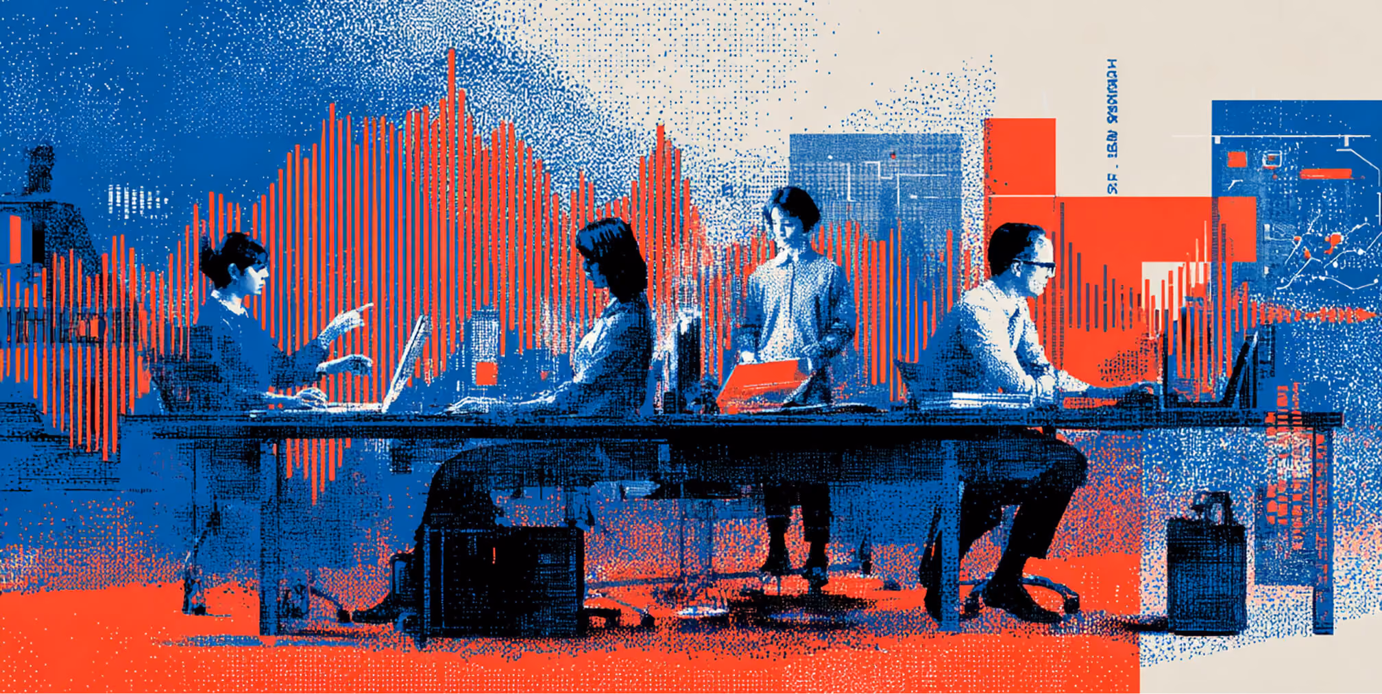 Creative team collaborating in a modern workspace with large waveform-style data visualizations in the background, representing communication strategy, media analysis, and agency collaboration.