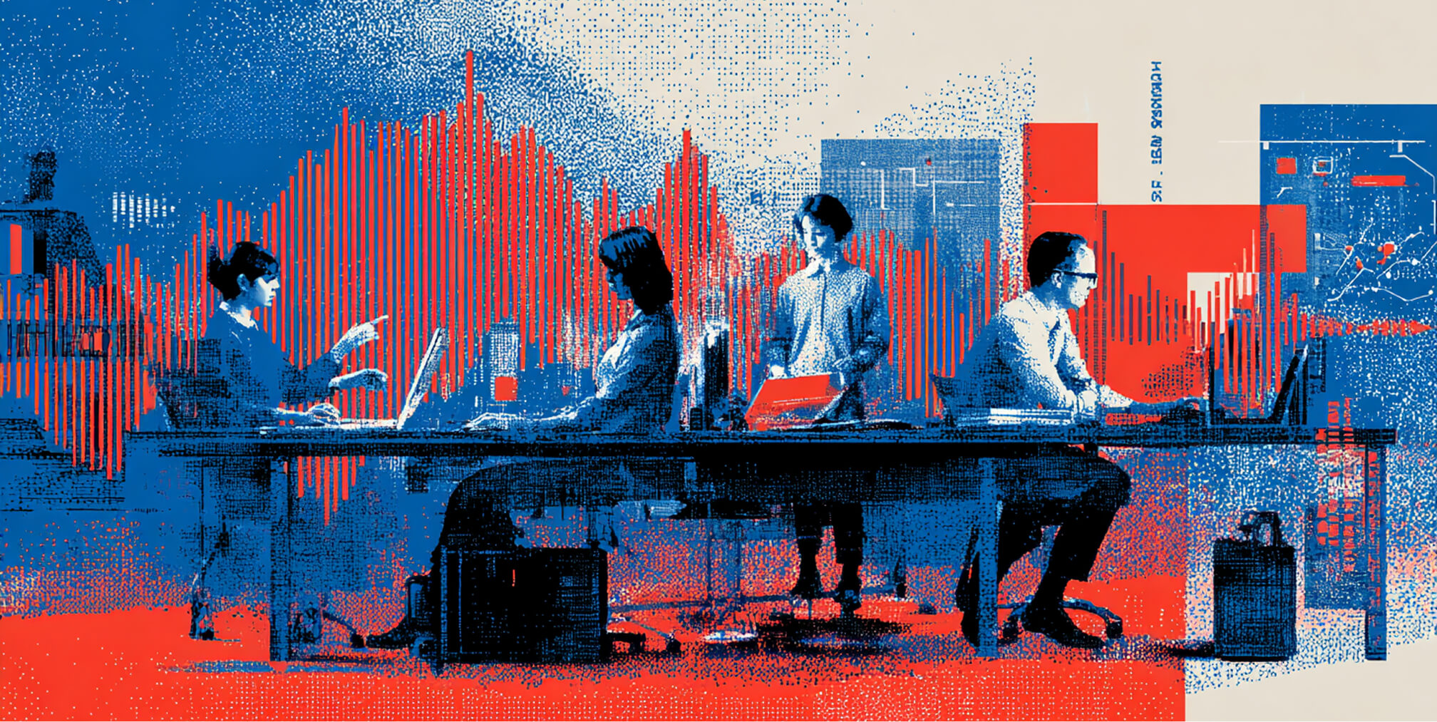 Creative team collaborating in a modern workspace with large waveform-style data visualizations in the background, representing communication strategy, media analysis, and agency collaboration.
