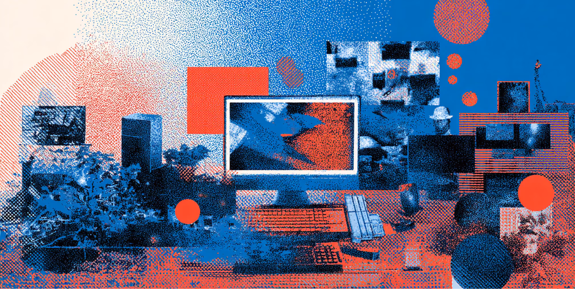 Desktop workspace featuring a computer surrounded by abstract design elements and digital content blocks, representing advertising production, campaign execution, and creative digital workflows.