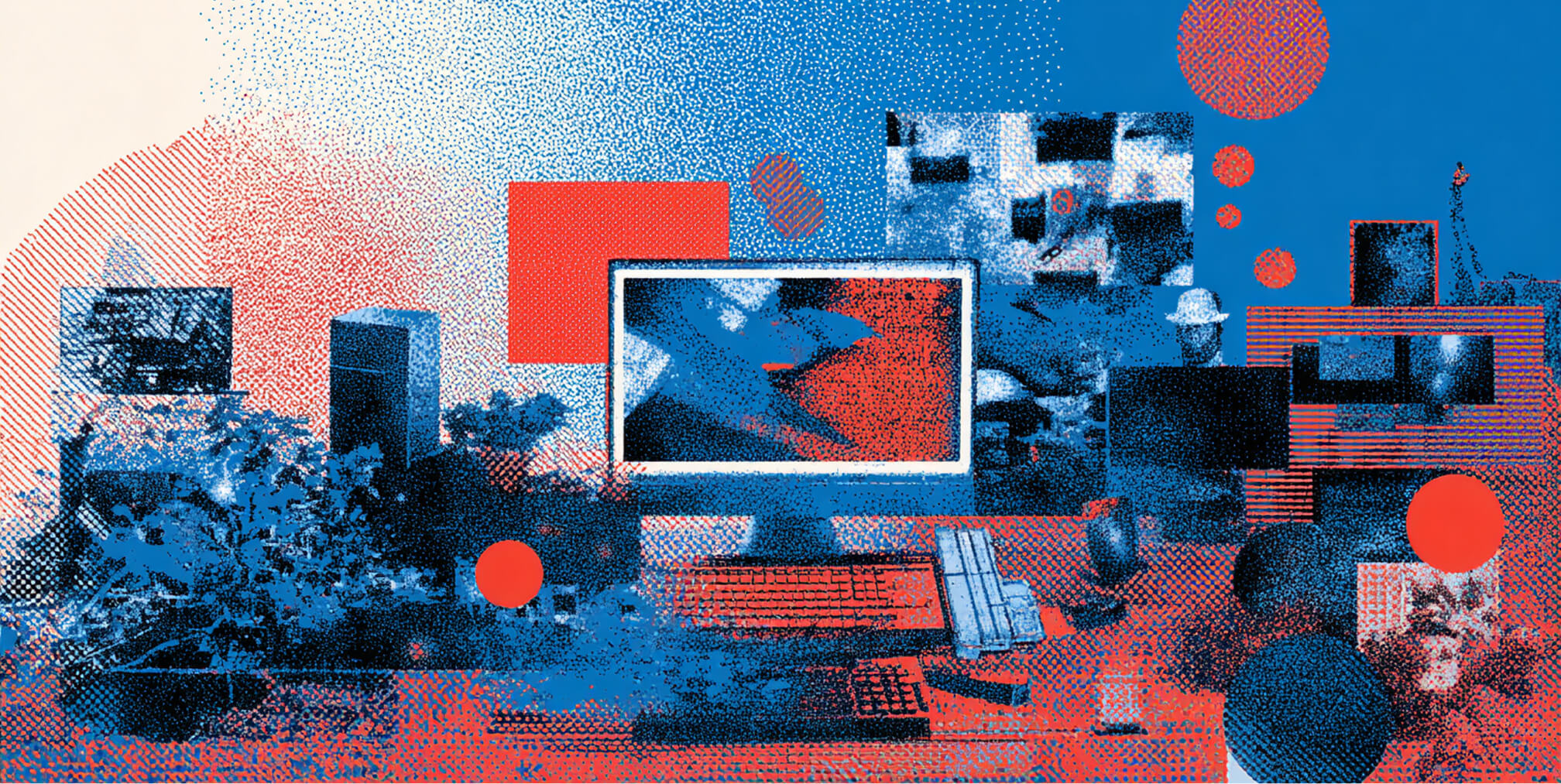 Desktop workspace featuring a computer surrounded by abstract design elements and digital content blocks, representing advertising production, campaign execution, and creative digital workflows.