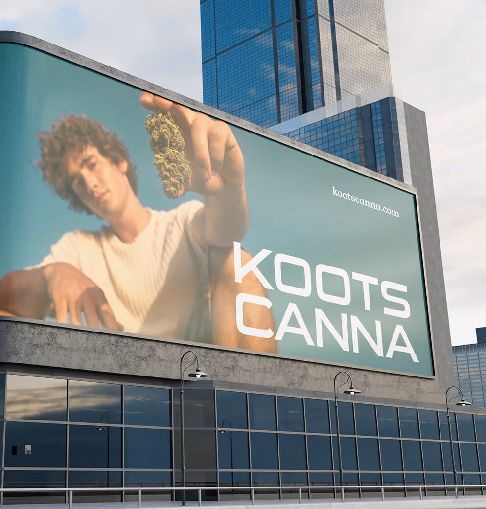 Koots Canna outdoor brand campaign billboard shown on a modern city building.