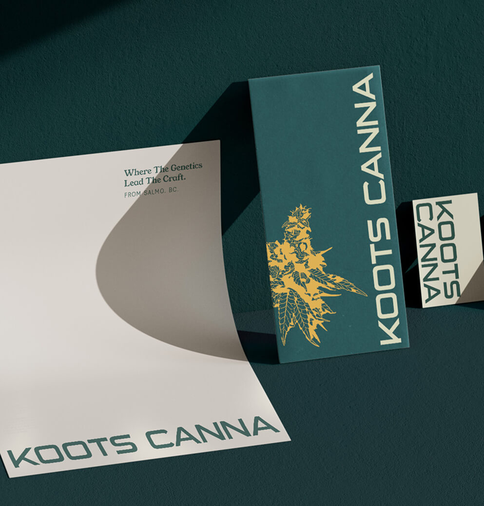Koots Canna branded stationery set featuring business cards, packaging, and printed materials in deep green and cream tones.