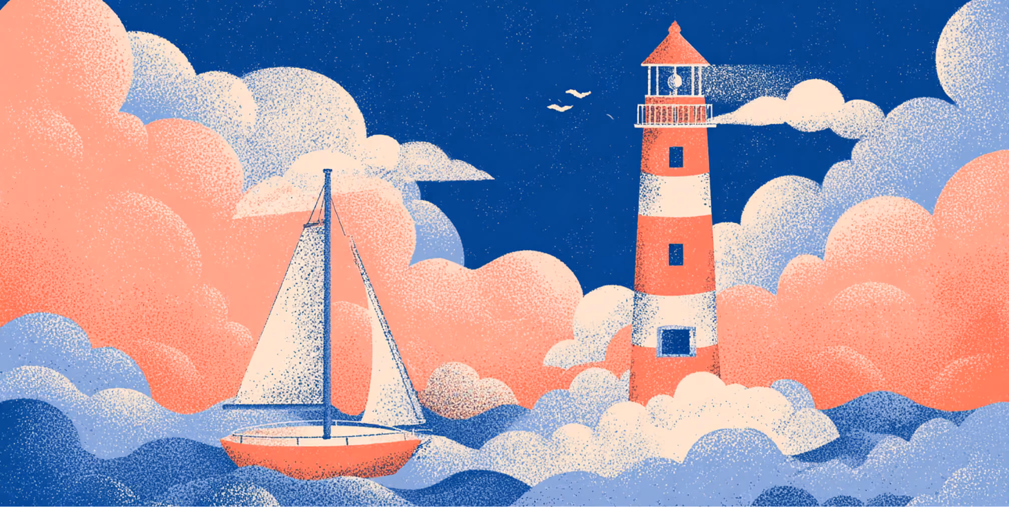 Illustrated lighthouse and sailboat surrounded by stylized clouds and ocean waves, representing strategic guidance, online visibility, and navigating digital growth through SEO expertise.