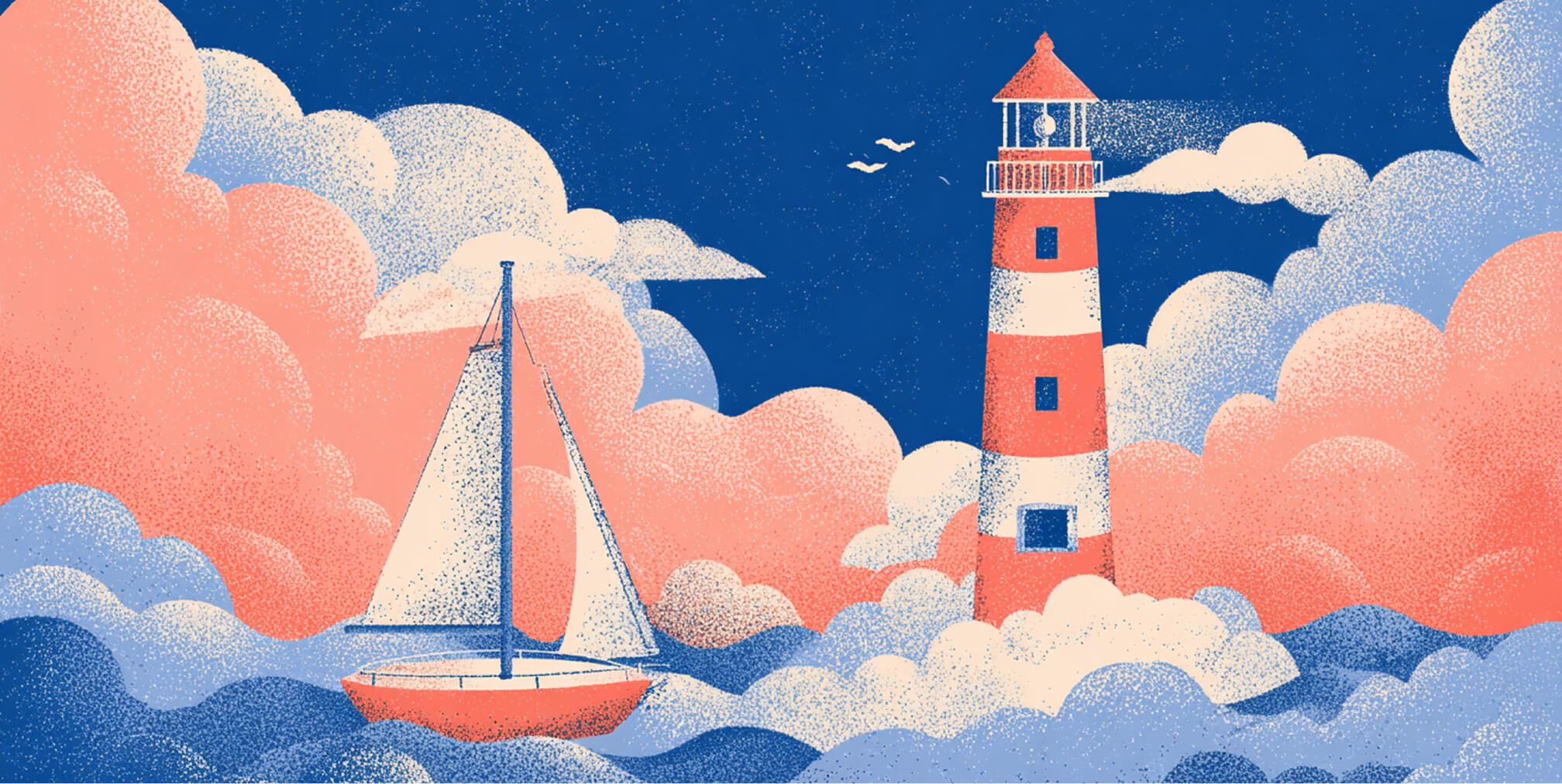 Illustrated lighthouse and sailboat surrounded by stylized clouds and ocean waves, representing strategic guidance, online visibility, and navigating digital growth through SEO expertise.